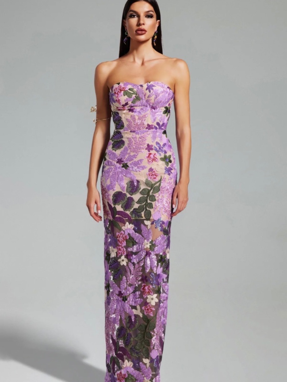 Eugenia Flower Sequins Strapless Mesh Dress - Purple